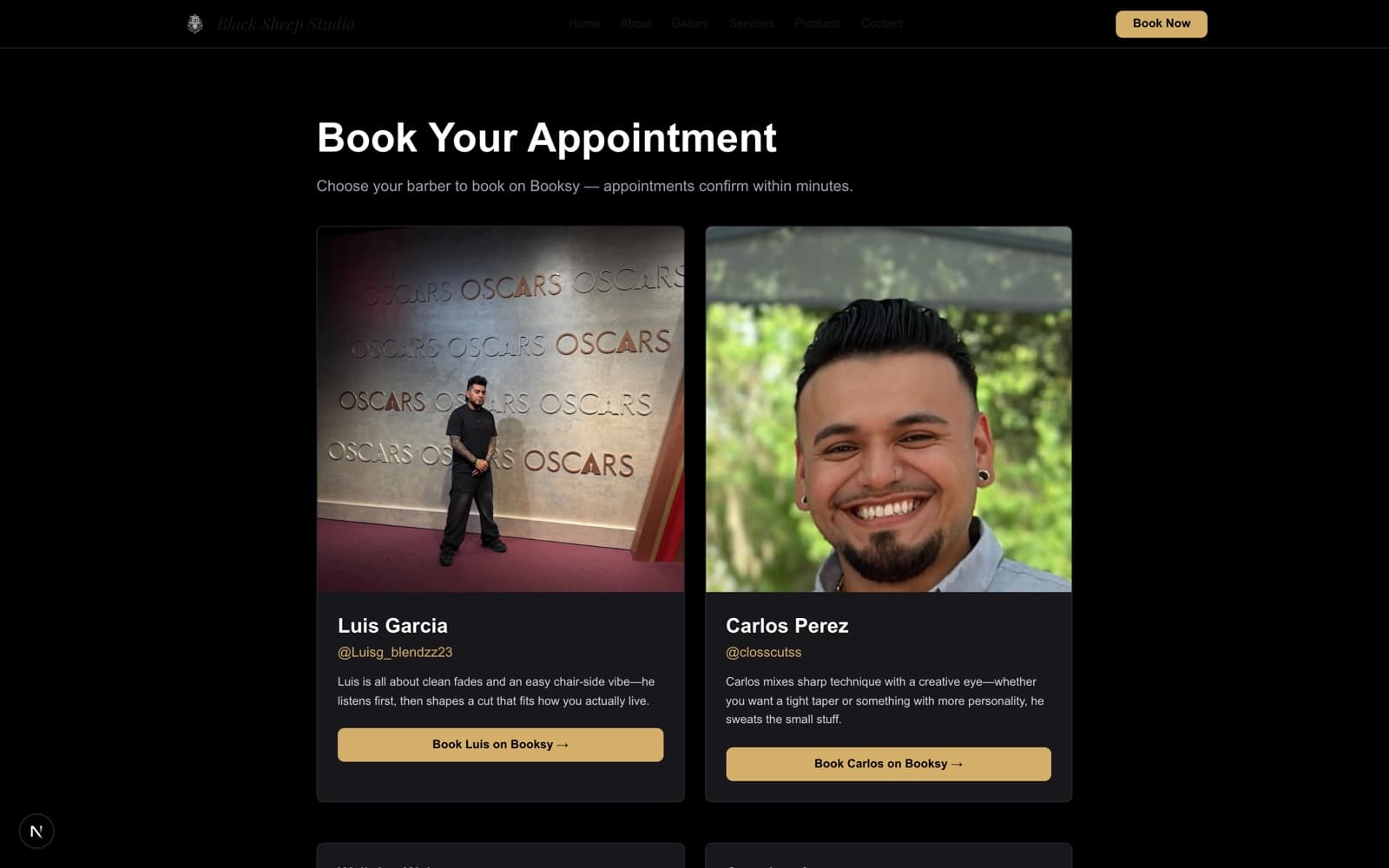 Booking page — choose your barber, with Booksy booking buttons