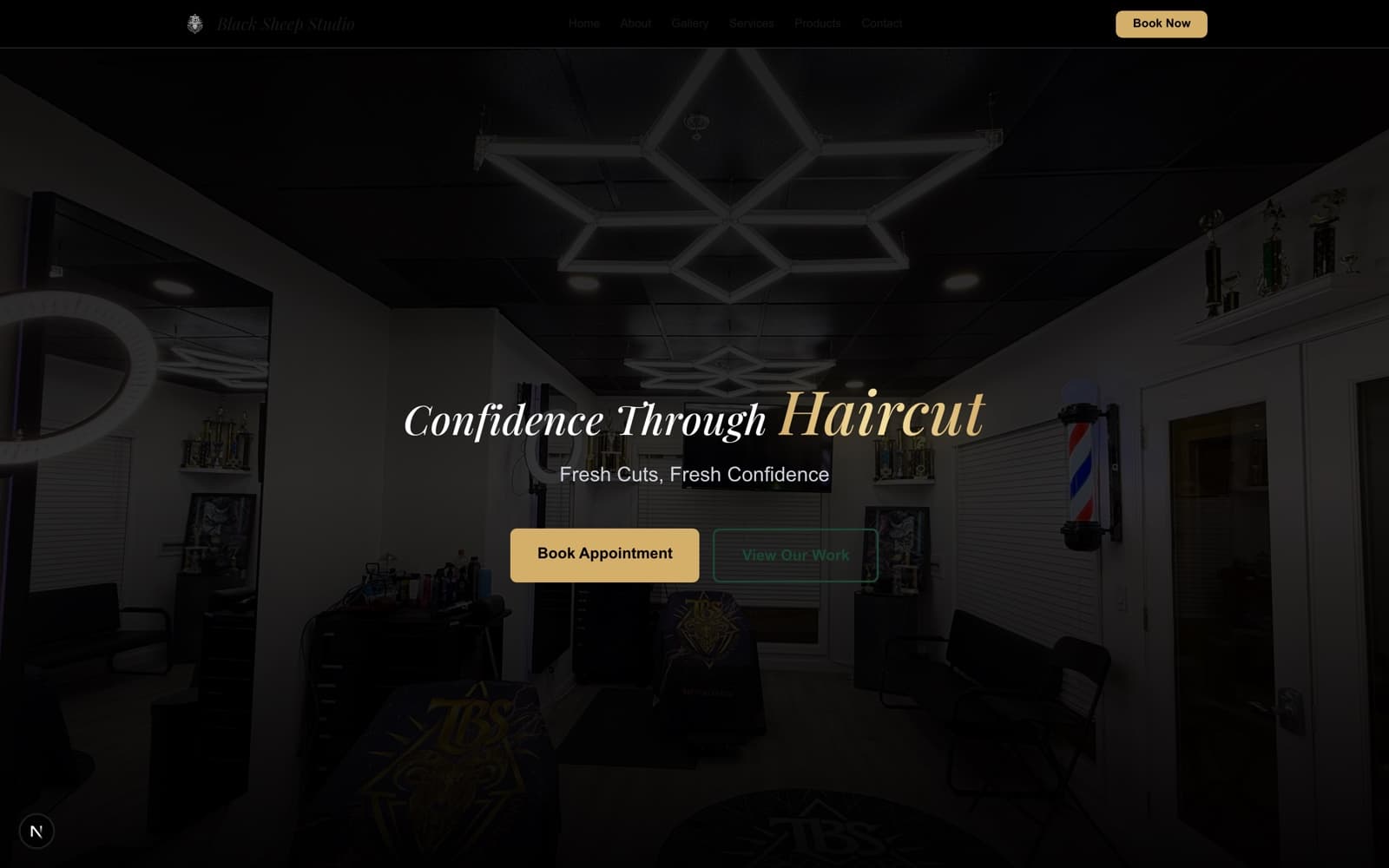 Blacksheep Studio homepage — dark hero over a photo of the barbershop interior