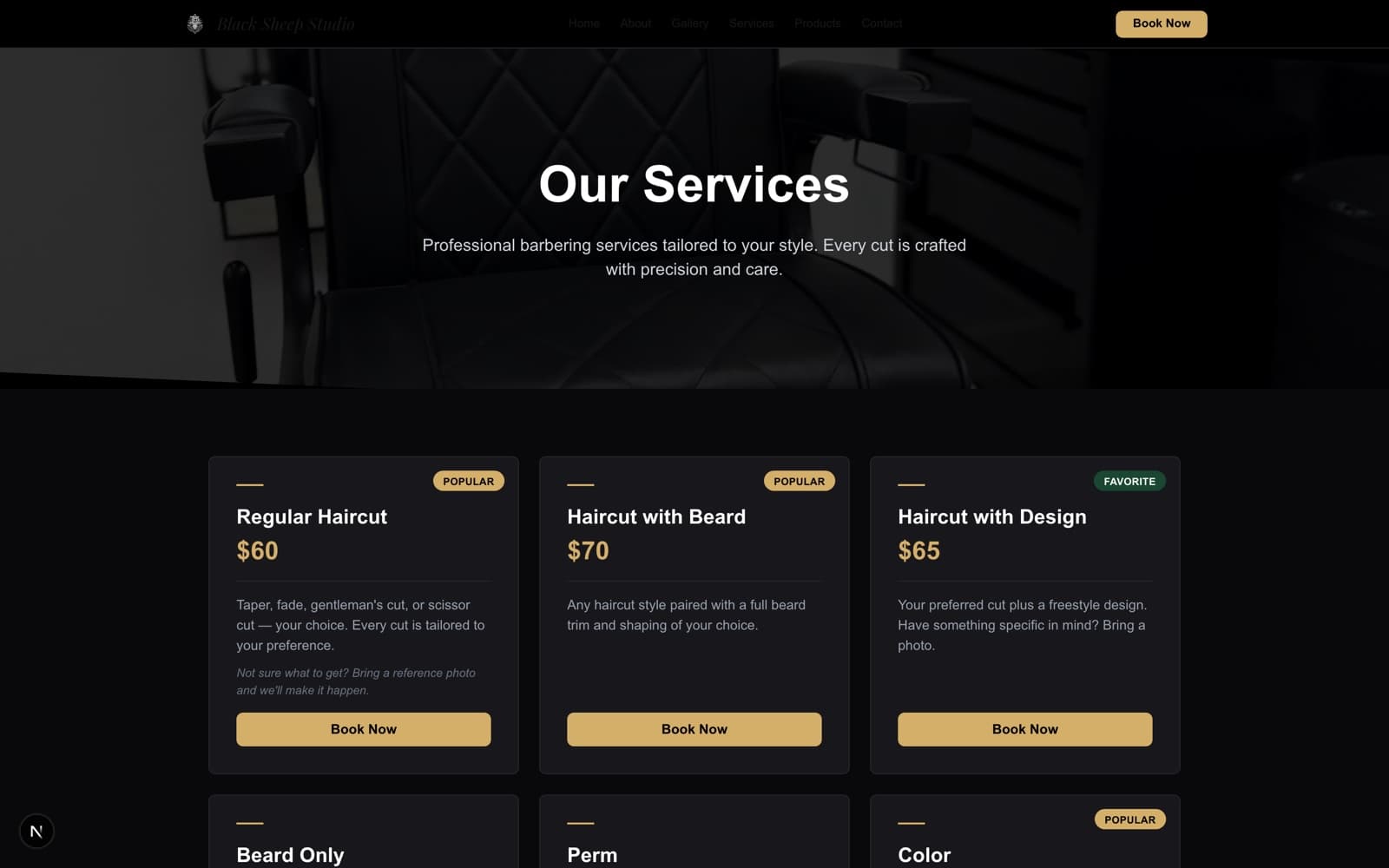 Services page — haircut and styling services with prices