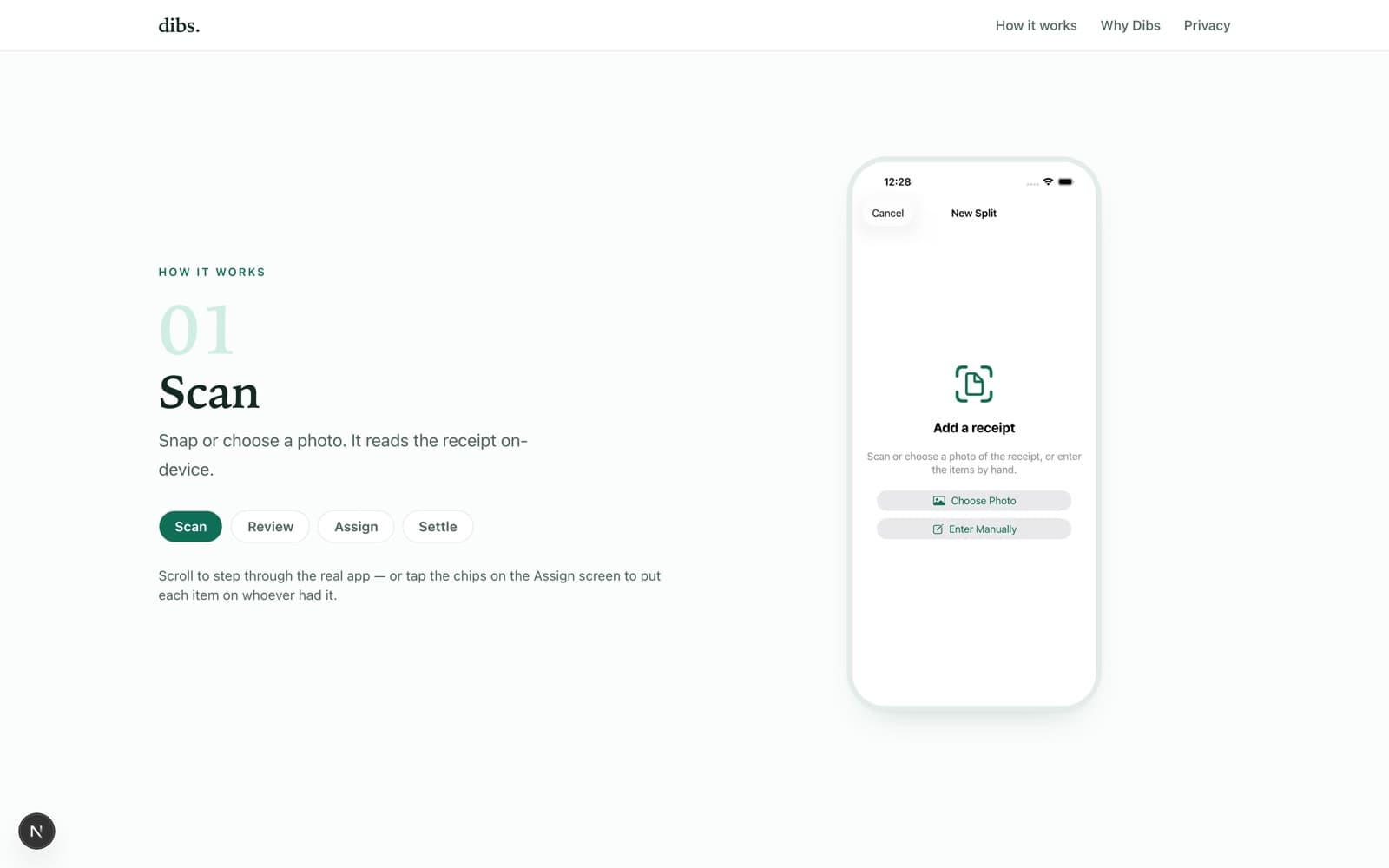 Dibs marketing site — the interactive scan, assign, settle demo